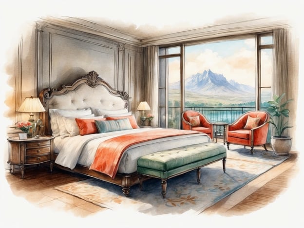 Auf dem Bild ist ein elegantes Schlafzimmer zu sehen. Es verfügt über ein großes Bett mit einer geschwungenen Kopfteil aus Holz und weichen, einladenden Kissen. Neben dem Bett stehen zwei Nachttische mit Lampen und kleinen Blumenarrangements.
In einer Ecke des Zimmers gibt es eine gemütliche Sitzecke mit zwei roten Sessel und einem kleinen Tisch. Außerdem ist ein längliches, grünes Hocker am Fußende des Bettes platziert. Die großen Fenster bieten einen atemberaubenden Ausblick auf Berge und Wasser, was dem Raum eine besondere Atmosphäre verleiht. Der Boden ist mit einem schönen Teppich ausgelegt, der dem Zimmer zusätzliches Flair verleiht. Die Annehmlichkeiten wie bequeme Sitzgelegenheiten und die Aussicht sorgen für einen entspannten und komfortablen Aufenthalt.