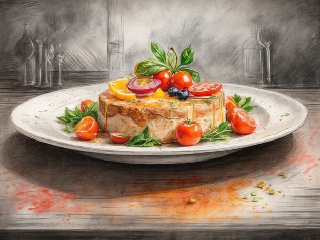 Auf dem Bild ist ein kunstvoll angerichteter Teller mit einer speziellen Speise zu sehen. Im Mittelpunkt steht ein herzhaftes Gericht, das durch verschiedene frische Zutaten verziert ist.
Die Kombination aus saftigen Kirschtomaten, bunten Paprika-Scheiben und frischen Kräutern verleiht dem Gericht eine lebendige Farbe und Frische. Dazu scheinen Zitronenscheiben und möglicherweise Zwiebeln das Geschmackserlebnis zu verfeinern. Die ganze Anrichtung ist appetitlich und lässt auf eine harmonische Balance zwischen Aromen und Texturen schließen. Ein ideales kulinarisches Erlebnis für Feinschmecker!