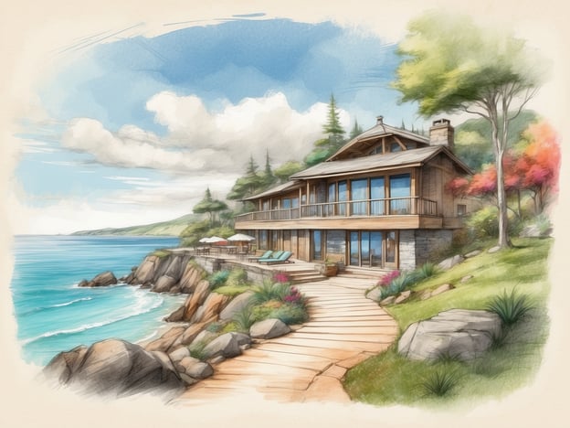 Auf dem Bild ist ein malerisches Ferienhaus am Meer zu sehen, das sich in einer ruhigen und entspannten Umgebung befindet. Die Lage ermöglicht verschiedene Freizeitmöglichkeiten, wie zum Beispiel:
1. **Entspannen am Strand**: Man könnte sich am Wasser auf einer Liege sonnen oder im Meer schwimmen.
2. **Spaziergänge**: Der Holzsteig entlang der Küste lädt zu gemütlichen Spaziergängen ein, um die Natur und die Aussicht zu genießen.
3. **Gesellige Abende**: Auf der Terrasse könnte man mit Freunden oder der Familie grillen oder einfach die Abendstimmung genießen.
4. **Wassersport**: Aktivitäten wie Kajakfahren oder Stand-Up-Paddling wären ebenfalls möglich.
5. **Naturerkundungen**: In der Umgebung gib es wahrscheinlich schöne Wanderwege, die zur Erkundung der Landschaft einladen.
Solch ein Ort bietet viele Möglichkeiten zur Erholung und Freizeitgestaltung in einer traumhaften Umgebung.