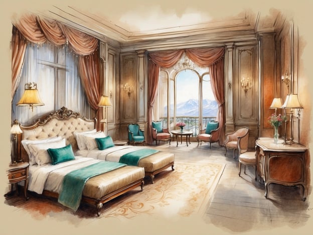 Auf dem Bild ist eine stilisierte Darstellung eines eleganten Hotelzimmers zu sehen. Das Zimmer verfügt über zwei Einzelbetten, die mit bequemen, hellen Bettwäsche und auffälligen, grünen Akzenten ausgestattet sind. Es gibt große Fenster mit Vorhängen, die einen Blick auf eine Berglandschaft bieten, sowie geschmackvolle Möbel, darunter ein eleganter Tisch und Stühle.
Zu den NH Hotels Madrid Lagasca: Dieses Hotel bietet eine zentrale Lage in Madrid und zeichnet sich durch moderne Annehmlichkeiten und ein stilvolles Interieur aus. Die Zimmer sind komfortabel und gut ausgestattet, ideal für Geschäftsreisende und Touristen. Das Hotel bietet auch Zugang zu verschiedenen Freizeitmöglichkeiten und kulturellen Attraktionen in der Umgebung.