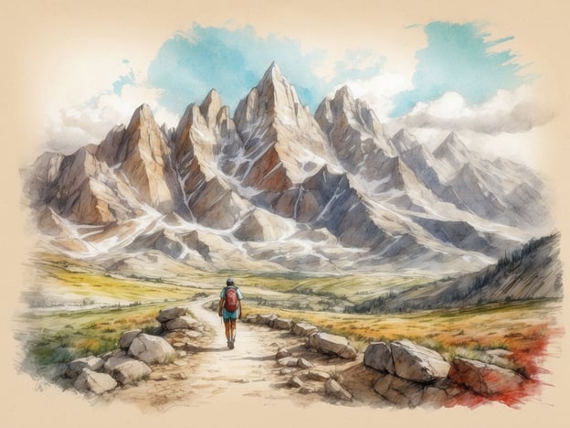 Auf dem Bild ist eine beeindruckende Berglandschaft zu sehen, in der ein Wanderer auf einem schmalen Pfad in Richtung majestätischer Gipfel unterwegs ist. Diese Szenerie könnte in den Dolomiten in Norditalien oder in einer ähnlichen bergigen Region zu finden sein.
In dieser Umgebung gibt es zahlreiche Aktivitäten, wie beispielsweise Wandern, Klettern und Mountainbiken. Die beeindruckenden Bergen bieten zahlreiche Wanderrouten unterschiedlicher Schwierigkeitsgrade, die Schönheiten der Natur entdecken lassen.
Sehenswürdigkeiten in der Nähe könnten malerische Bergseen oder traditionelle Almhütten sein, wo man regionale Spezialitäten genießen kann. Auch die Flora und Fauna dieser Region ist vielfältig und lädt zur Erkundung ein.