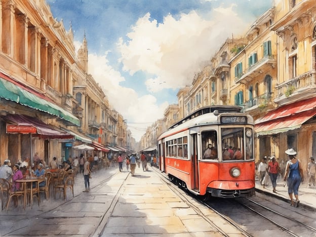 Auf dem Bild ist eine belebte Straße mit einem rot-weißen Straßenbahnwagen zu sehen, der durch die Stadt fährt. Die Straße ist gesäumt von eleganten Gebäuden im kolonialen Stil, die mit Balkonen und großen Fenstern ausgestattet sind. An den Seiten der Straße befinden sich Cafés und kleine Geschäfte, wo Menschen in gemütlicher Atmosphäre sitzen.
In der Umgebung könnte sich eine bekannte Altstadt oder ein touristisches Zentrum befinden, das von historischen Sehenswürdigkeiten und kulturellen Attraktionen geprägt ist. Es vermittelt ein Gefühl von Lebendigkeit und urbanem Lebensstil, während die sonnige, blaue Himmelshorizont das Bild aufhellt.