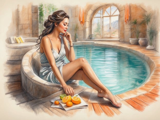 Auf dem Bild ist eine entspannte Frau zu sehen, die neben einem Wasserbecken sitzt. Sie trägt ein elegantes Outfit und hat frisches Obst, wie Orangen und Limetten, auf einem Tablett vor sich. Die Umgebung wirkt gemütlich und einladend mit einem hellen, freundlichen Ambiente, das Entspannung und Wohlbefinden ausstrahlt.
Diese Szene könnte auf verschiedene Dienstleistungen und Freizeitangebote hinweisen, wie zum Beispiel:
1. **Wellness- und Spa-Angebote**: Hier könnte man Massagen, Gesichtsbehandlungen oder Entspannungstechniken genießen.
2. **Poolzugang**: Ein schöner Ort, um sich an warmen Tagen abzukühlen oder einfach zu entspannen.
3. **Fruchtsäfte und gesunde Ernährung**: In einem Café oder einer Wellness-Oase könnten frische Säfte und gesunde Snacks angeboten werden.
4. **Freizeitgestaltung**: Aktivitäten wie Yoga-Kurse, Meditationsangebote oder einfach Ruhezeiten zur Regeneration.
Diese Aspekte fördern das Wohlbefinden und die Erholung.