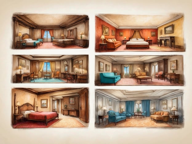 Auf dem Bild sind sechs verschiedene Zimmer zu sehen, die verschiedene Einrichtungsstile und Farbgestaltungen aufweisen.
1. **Obere Reihe**:
- **Links**: Ein Zimmer mit zwei Einzelbetten, dekorierten Vorhängen und einer gemütlichen Sitzecke.
- **Mitte**: Ein elegantes Schlafzimmer mit einem großen Doppelbett und einem schönen Ausblick durch das Fenster.
- **Rechts**: Ein Zimmer mit einer warmen Farbgestaltung und einem zusätzlichen Sofa.
2. **Mittlere Reihe**:
- **Links**: Ein stilvolles Zimmer mit einem kleinen Esstisch und bequemen Stühlen.
- **Mitte**: Ein geschmackvoll eingerichtetes Wohnzimmer mit einem Sofa in kräftigem Blau.
- **Rechts**: Ein Lichtdurchfluteter Raum mit viel Platz und einer geschmackvollen Tischdekoration.
3. **Untere Reihe**:
- **Links**: Ein traditionelles Schlafzimmer mit einem eleganten Doppelbett und einem klassischen Nachttisch.
- **Mitte**: Ein geräumiges Zimmer, das modern und einladend wirkt.
- **Rechts**: Ein Zimmer mit einer hellen Couch und stilvollen Dekorationen.
Diese Zimmer könnten ideal für verschiedene Buchungsmöglichkeiten sein, je nach Vorlieben und Bedürfnissen der Gäste, wie Geschäftsreisen oder Urlaubsaufenthalte.