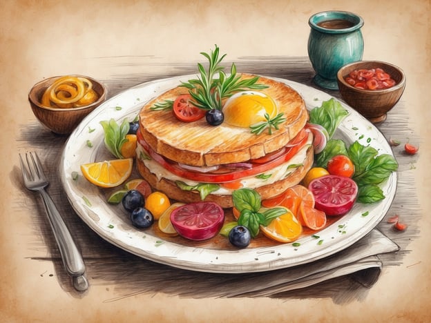 Auf dem Bild ist ein wunderschön angerichtetes Gericht zu sehen, das aus mehreren Schichten Toast besteht, die mit frischen Zutaten wie Tomaten, Gurken und einem Spiegelei belegt sind. Dazu gibt es eine bunte Auswahl an Beilagen, darunter verschiedene Früchte sowie zwei Schalen mit Saucen.
Kulinarische Erlebnisse im NH Hotel könnten ähnliche kreative und ansprechende Gerichte bieten, die den Gästen ein genussvolles Frühstück oder Lunch ermöglichen. Der Fokus auf frische Zutaten und ansprechende Präsentation sorgt für ein unvergessliches Geschmackserlebnis.