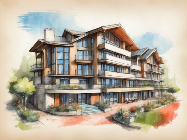 Auf dem Bild ist eine künstlerische Darstellung eines mehrstöckigen Gebäudes zu sehen, das eine moderne Architektur mit großen Fenstern und einer Mischung aus Holz- und Steinelementen aufweist. Es umgibt eine gepflegte Landschaft mit Pflanzen und Grünflächen.
Zum NH Hotel Madrid Príncipe de Vergara: Dieses Hotel liegt in einer zentralen Lage in Madrid und bietet moderne Zimmer sowie Annehmlichkeiten wie ein Restaurant, Konferenzräume und Fitnessmöglichkeiten. Es ist ideal für Geschäftsreisende und Urlauber, die die Stadt erkunden möchten. Die Lage ermöglicht einfachen Zugang zu Sehenswürdigkeiten und Verkehrsanbindungen.