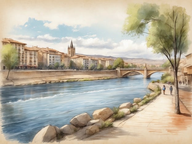 Auf dem Bild ist eine malerische Flusslandschaft mit einem gemäldeähnlichen Stil zu sehen. An einem ruhigen Flusslauf stehen einige Bäume, und es gibt eine Uferpromenade, auf der Spaziergänger unterwegs sind. Im Hintergrund sind Wohngebäude und eine Brücke sichtbar, während sich ein kirchturmähnliches Gebäude hervorhebt.
Bezüglich der Lage des NH Hotels Madrid Ribera Del Manzanares: Dieses Hotel befindet sich direkt am Fluss Manzanares in Madrid. Von dort aus könnte man ebenfalls einen schönen Blick auf das Wasser und die Umgebung genießen, ähnlich wie auf dem Bild zu sehen.