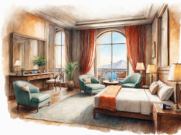 Auf dem Bild ist ein elegantes Hotelzimmer zu sehen. Es verfügt über große Fenster mit Blick auf eine malerische Landschaft. Die Ausstattung umfasst ein gemütliches Doppelbett mit dekorativen Kissen, einen attraktiven Nachttisch mit einer Lampe sowie eine stilvolle Kommode.
Im Raum befinden sich auch zwei bequeme Sessel in einem sanften Grünton und ein kleiner Tisch in der Mitte. Eine kleine Pflanze und ein weiteres Möbelstück ergänzen die Einrichtung. Die Wände sind hell und die Vorhänge in warmen Farben sorgen für eine einladende Atmosphäre.
Insgesamt strahlt das Zimmer Komfort und Eleganz aus und bietet eine angenehme Umgebung zum Entspannen.