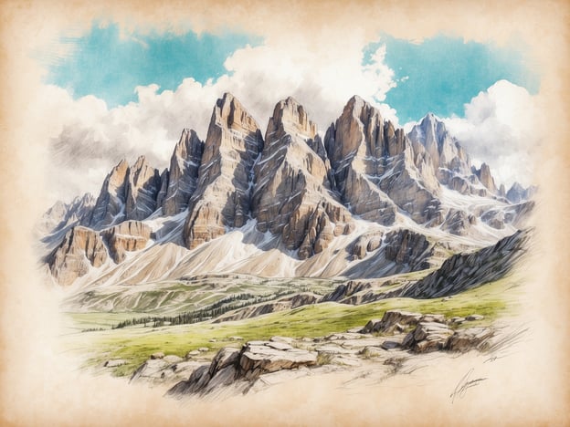Auf dem Bild sind die beeindruckenden Berglandschaften von Cortina d'Ampezzo zu sehen. Die majestätischen Gipfel der Dolomiten ragen stolz in den Himmel, umgeben von einer weiten, grünen Wiese. Der Himmel ist wunderschön mit einigen Wolken durchzogen, was die natürliche Schönheit der Umgebung unterstreicht. Diese Region ist bekannt für ihre atemberaubenden Naturschönheiten und zieht zahlreiche Wanderer und Naturfreunde an.
