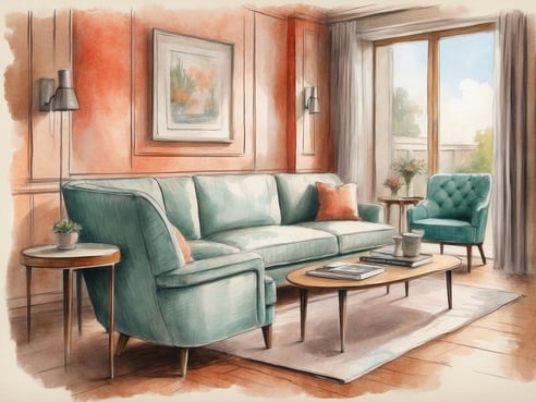 Ein stilvoll eingerichtetes Wohnzimmer im Leonardo Hotel Cheltenham. Die Möbel bestehen aus einem hellblauen Sofa mit einem rötlichen Kissen, einem einladenden, grünen Sessel und einem runden Tisch. Auf dem Tisch liegen Bücher und ein kleiner Blumentopf. An der Wand hängt ein gemaltes Kunstwerk. Große Fenster lassen Tageslicht herein und bieten einen Blick auf die Außenanlage. Der Boden ist aus Holz und ein Teppich liegt darunter. Die Wand ist in einem sanften Orangeton gestrichen, der dem Raum eine warme Atmosphäre verleiht.