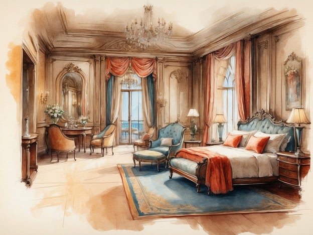 Auf dem Bild ist eine elegant gestaltete Hotelzimmer-Suite zu sehen, die reichhaltige Einrichtung mit Vintage-Elementen kombiniert. Die Raumgestaltung umfasst eine große Bettlandschaft, stilvolle Sitzmöbel und dekorative Details wie einen Kronleuchter und opulente Vorhänge. Solche luxuriösen Zimmer erinnern an die hohen Standards, die NH Hotels im Laufe ihrer Geschichte etabliert haben.NH Hotels wurde 1978 gegründet und hat sich darauf spezialisiert, Gästen ein hohes Maß an Komfort und Qualität zu bieten. Die künstlerische Umgestaltung von Hotelzimmern spiegelt das Engagement der Marke wider, eine einladende und stilvolle Atmosphäre zu schaffen, die das Wohlbefinden der Gäste in den Vordergrund stellt.