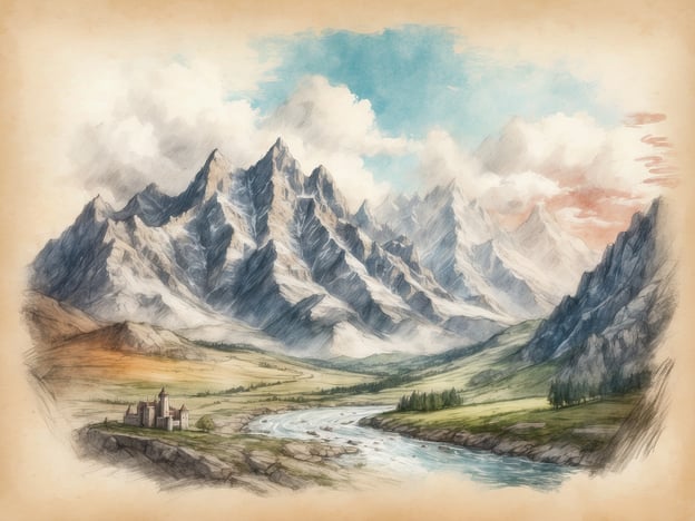 Auf dem Bild ist eine malerische Landschaft mit hohen Bergen, einem klaren Fluss und einem kleinen Schloss oder einer Burg zu sehen. Diese Szenerie erinnert an die Alpenregion in Deutschland, insbesondere an das Oberbayern-Gebiet, wo man majestätische Berge wie die Zugspitze findet.Die Mischung aus Bergen und Wiesen könnte auch auf die Region von Garmisch-Partenkirchen hinweisen, die für ihre beeindruckende Natur bekannt ist. Das Bild vermittelt ein Gefühl von Idylle und unberührter Natur, was typisch für viele ländliche Gegenden in Deutschland ist. Die ersten Bäume entlang des Flusses deuten darauf hin, dass es hier eine abwechslungsreiche Flora gibt, die oft in deutschen Naturlandschaften vorkommt.