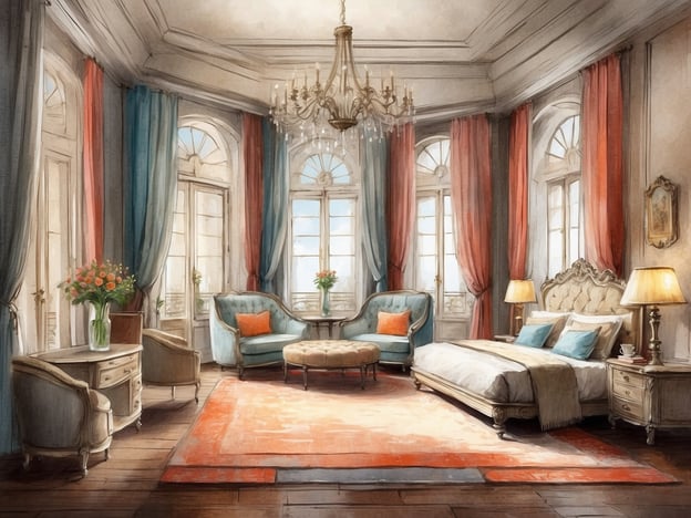 Auf dem Bild ist ein elegantes Zimmer zu sehen, das mit einem großen Bett, einem gepolsterten Sessel und einem kleinen Tisch ausgestattet ist. Die Wände sind hell gehalten, und große Fenster lassen viel Licht herein. Die Vorhänge in sanften Farben schaffen eine gemütliche Atmosphäre, während der Teppich den Raum zusätzlich dekoriert.Zu den Serviceangeboten in einem solchen Zimmer könnten Folgendes zählen: kostenloses WLAN, Zimmerservice, eine Minibar sowie die Möglichkeit zur Kaffee- und Teezubereitung. Eine angenehme Beleuchtung sorgt für eine entspannende Stimmung.