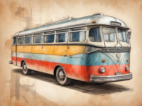 Ein nostalgischer Linienbus in leuchtenden Farben, darunter Gelb, Blau und Rot, steht auf einer skizzierten, beige Hintergrundfläche. Der Bus hat charakteristische Merkmale aus der Mitte des 20. Jahrhunderts, darunter große Fenster und chromverzierte Details. Die Konturen und Schattierungen des Busses sind sanft gezeichnet, was dem Bild einen künstlerischen und vintagehaften Look verleiht.