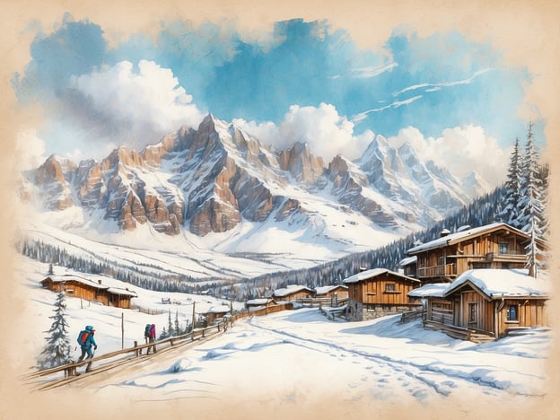Auf dem Bild sind schneebedeckte Berge und eine malerische Winterlandschaft mit traditionellen Holzhütten zu sehen. Diese Szene könnte gut zu den Top-Aktivitäten in St. Anton passen:1. **Skifahren**: Die Umgebung ist ideal für Wintersport, mit zahlreichen Pisten für alle Schwierigkeitsgrade.2. **Snowboarden**: Hier gibt es auch spezielle Bereiche für Snowboarder.3. **Winterwandern**: Die dargestellten Wanderer könnten die spektakulären Winterwanderwege erkunden.4. **Schneeschuhwandern**: Eine weitere beliebte Aktivität in der verschneiten Landschaft.5. **Après-Ski**: In den Hütten könnte man nach einem Tag auf der Piste entspannen.St. Anton ist bekannt für seine beeindruckende Bergkulisse und vielseitigen Winteraktivitäten.