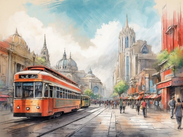 Das Bild zeigt eine lebendige Stadtlandschaft mit einer orangefarbenen Straßenbahn, die entlang einer belebten Straße fährt. Im Hintergrund sind beeindruckende Gebäude mit markanten Architekturmerkmalen zu sehen, darunter Kuppeln und Türme. Die Szene wirkt freundlich und einladend, mit vielen Fußgängern auf der Straße und Bäumen, die das Bild beleben.
Die NH Hotels in Mechelen befinden sich in der Nähe des Stadtzentrums, was den Gästen die Möglichkeit gibt, solche lebhaften Szenen und Attraktionen zu genießen, die in Städten wie der dargestellten oft zu finden sind.
