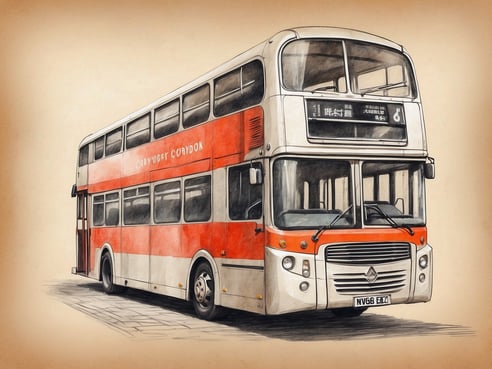 Ein roter Doppelstockbus mit weißen Akzenten, der die Aufschrift Croydon trägt. Der Bus hat große Fenster und steht auf einem gepflasterten Weg. Die Fahrzeugfront zeigt das charakteristische Design eines Londoner Busses, einschließlich einer mittigen Fahrertür und einem klaren Blick auf das Cockpit. Im Hintergrund ist ein neutraler, sanfter Farbverlauf sichtbar, der den Fokus auf den Bus lenkt.