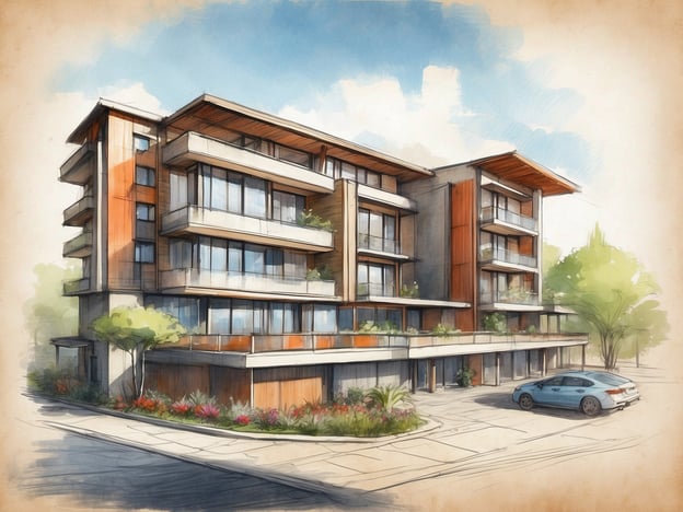Das Bild zeigt eine künstlerische Darstellung eines modernen Gebäudes, das möglicherweise an ein Hotel oder eine Wohnanlage erinnert. Die Architektur wirkt ansprechend mit einer Kombination aus Holz- und Beton-Elementen sowie großen Fenstern, die viel Licht einlassen.
NH Hotels Milano 2 Residence könnte eine passende Beschreibung für ein solches Objekt sein, da es sich um eine Unterkunft handelt, die sowohl langfristige Aufenthalte als auch den Komfort eines Hotels bietet. Die Umgebung scheint freundlich und einladend, was für Reisende oder Bewohner attraktiv ist.