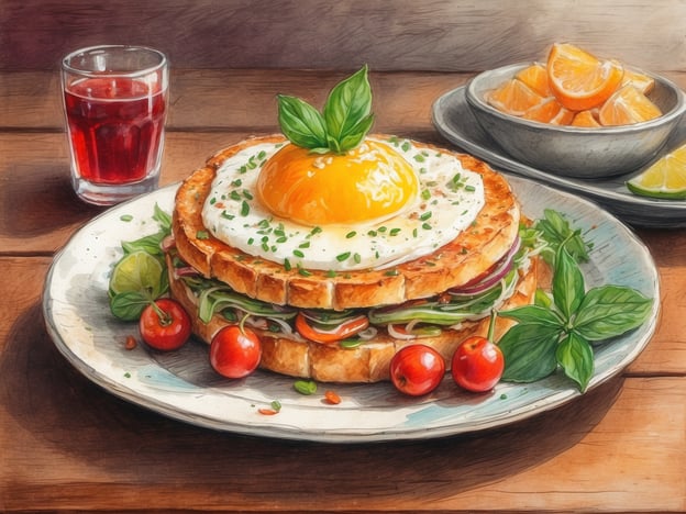 Auf dem Bild ist ein kulinarisches Gericht zu sehen, das aus einem getoasteten Sandwich mit einem Spiegelei, frischen Gemüsesorten und Kräutern besteht. Dazu gibt es einige Kirschtomaten, eine Limette und einen kleinen Snack aus Orangenstücken in einer Schale.
In der Umgebung könnte man lokale kulinarische Highlights entdecken, wie zum Beispiel frisch gebackenes Brot von einem traditionellen Bäcker oder saisonale Gemüse und Obst aus regionalen Märkten. Auch frische Säfte oder Kräutertee könnten eine wohltuende Ergänzung zu diesem Gericht darstellen.