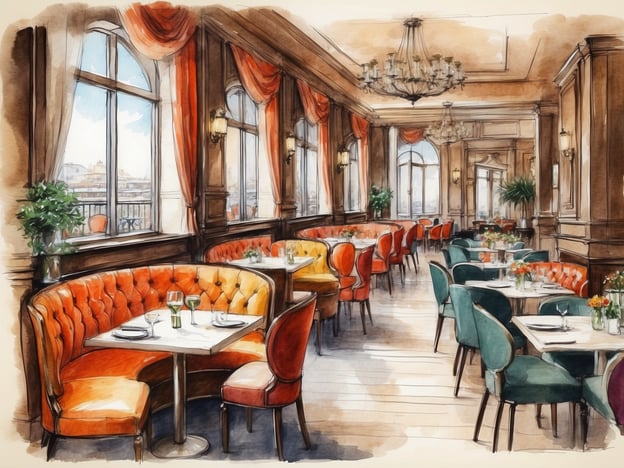 Auf dem Bild ist ein elegantes Restaurant im Hotel zu sehen. Die Einrichtung ist stilvoll und gemütlich, mit gepolsterten Sitzecken und Tischen, die ordentlich gedeckt sind. Die großen Fenster ermöglichen einen Blick nach draußen und lassen viel Licht in den Raum.
In diesem Ambiente könnte man eine Auswahl an feinen Speisen und leckeren Getränken erwarten, wie z.B. exquisite Weine, frische Säfte oder Cocktails. Die Dekoration und das Arrangement der Tische mit Blumen verleihen dem Restaurant eine einladende Atmosphäre, ideal für ein romantisches Dinner oder ein geschäftliches Treffen.
Zusätzlich könnte man in der Umgebung des Hotels lokale Spezialitäten oder erfrischende Snacks genießen, um den Aufenthalt noch angenehmer zu gestalten.