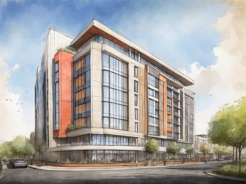 Das Bild zeigt eine künstlerische Darstellung des Leonardo Hotel London Watford. Das Gebäude hat mehrere Stockwerke und eine moderne Architektur mit großen Fensterfronten. Die Fassade ist in hellen und kräftigen Farben gestaltet, wobei rote und orangefarbene Elemente auffallen. Um das Gebäude herum sind einige Bäume und belebte Gehwege zu sehen, die eine einladende Atmosphäre erzeugen. Der Himmel ist blau mit einigen Wolken.