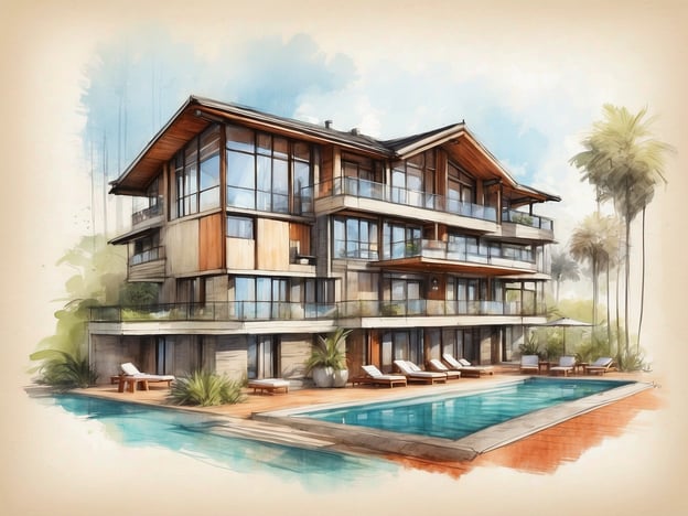 Auf dem Bild ist eine stilisierte Darstellung eines modernen Gebäudes mit großen Fenstern und einem Pool im Vordergrund zu sehen. Das Design zeigt eine harmonische Kombination von Holz- und Glaselementen sowie eine tropische Umgebung mit Palmen.
Zum NH Hotels Milano Corso Buenos Aires: Dieses Hotel liegt zentral in Mailand und bietet komfortable Zimmer, modernes Design und verschiedene Annehmlichkeiten. Es ist ideal für Geschäftsreisende und Touristen, die die Stadt erkunden möchten. Die Lage ist günstig, um Einkaufsmöglichkeiten, Sehenswürdigkeiten und die lokale Gastronomie zu genießen. Gäste können sich auf ein exzellentes Frühstück und eine freundliche Atmosphäre freuen.