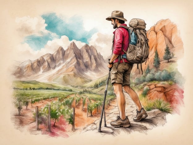 Auf dem Bild ist ein Wanderer in einer malerischen Berglandschaft zu sehen. Im Hintergrund erheben sich majestätische Berge, während im Vordergrund Weinreben angepflanzt sind. Diese Szenerie lädt zu verschiedenen Freizeitangeboten und Aktivitäten ein.
In der Umgebung könnten folgende Aktivitäten genossen werden:
1. **Wandern**: Es gibt zahlreiche Wanderwege, die durch die Berge und entlang der Weinberge führen, ideal für Natur- und Outdoor-Liebhaber.
2. **Weinverkostung**: In den umliegenden Weingütern haben Besucher die Möglichkeit, lokale Weine zu probieren und mehr über den Weinbau zu erfahren.
3. **Radfahren**: Es sind auch Radwege verfügbar, die sowohl für Anfänger als auch für erfahrene Radfahrer geeignet sind.
4. **Fotografie**: Die atemberaubende Landschaft bietet ideale Motive für Fotografen und Naturbeobachter.
5. **Picknicken**: An malerischen Aussichtspunkten kann man die Schönheit der Natur bei einem Picknick genießen.
Diese Aktivitäten machen die Region zu einem beliebten Ziel für Erholungssuchende und Abenteurer.