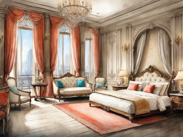 Auf dem Bild ist ein elegantes, luxuriöses Schlafzimmer zu sehen. Es hat große Fenster mit Blick auf eine Stadtlandschaft, geschmackvoll dekorierte Wände, eine opulente Bettwäsche sowie stilvolle Möbel. Die Farbgestaltung in sanften Tönen und die Verwendung von Vorhängen und dekorativen Elementen vermitteln eine gehobene Atmosphäre.
Wenn man einen Überblick über das NH Hotel Monterrey La Fe betrachtet, bietet es moderne Annehmlichkeiten mit komfortablen Zimmern, die für Geschäftsreisende und Urlauber geeignet sind. Zu den Einrichtungen gehören Konferenzräume, ein Fitnesscenter und ein Restaurant. Die Lage ermöglicht eine gute Erreichbarkeit von Sehenswürdigkeiten und Geschäftsvierteln in Monterrey.