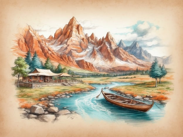 Auf dem Bild sieht man eine wunderschöne Naturlandschaft mit majestätischen Bergen im Hintergrund, einem klaren Fluss und einem kleinen Holzboot. An einem Ufer befindet sich eine gemütliche Hütte, die einladend aussieht.
Freizeit- und Unterhaltungsmöglichkeiten, die man in dieser Umgebung genießen könnte, sind:
1. **Wandern**: Die Berge laden zu ausgedehnten Wanderungen ein, um die atemberaubende Aussicht zu genießen.
2. **Bootfahren**: Das Holzboot bietet die Möglichkeit, auf dem Fluss zu paddeln und die Ruhe der Natur zu erleben.
3. **Picknicken**: Der malerische Ort eignet sich ideal für ein gemütliches Picknick am Wasser.
4. **Fotografieren**: Die beeindruckende Landschaft ist perfekt für Fotografen, die die Schönheit der Natur festhalten möchten.
5. **Angeln**: Der Fluss könnte auch ein guter Platz zum Angeln sein und eine entspannende Freizeitbeschäftigung bieten.
Insgesamt bietet diese Szene zahlreiche Möglichkeiten, die Natur aktiv zu genießen.
