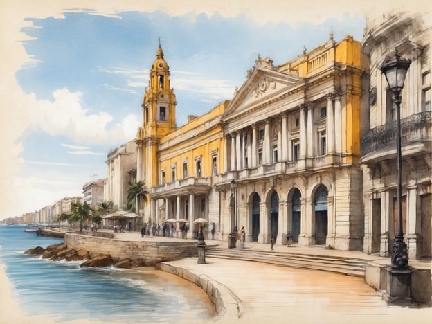 Auf dem Bild ist eine malerische Küstenansicht zu sehen, die an die Uferpromenade von Montevideo in Uruguay erinnert. Die Architektur ist geprägt von historischen Gebäuden mit einer auffälligen gelben Fassade und einer schönen Kirchturm. Umgeben von Palmen und einem klaren Himmel vermittelt die Szene einen entspannten Eindruck.
Diese Art von Architektur könnte auch mit dem kolonialen Stil in Städten wie Cartagena in Kolumbien assoziiert werden. Dort sind viele ähnliche, gut erhaltene Gebäude entlang der Küstenpromenade zu finden, die ebenfalls eine lebhafte und historische Atmosphäre ausstrahlen.