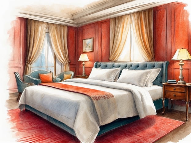 Auf dem Bild ist ein elegant gestaltetes Schlafzimmer zu sehen. Die Wände sind in einem warmen Rotton gehalten, was eine einladende Atmosphäre schafft.
Im Mittelpunkt steht ein großes, plushiges Bett mit weichen, weißen Kissen und einer dekorativen Decke in Orange. Neben dem Bett befindet sich ein stilvoller Nachttisch mit einer Lampe, die sanftes Licht spendet.
Zusätzlich gibt es eine gemütliche Sitzecke mit einem Sessel und einem kleinen Couch, ideal für entspannte Momente. Lange Vorhänge rahmen das Fenster ein und lassen viel Licht herein.
Die insgesamt warme und einladende Gestaltung des Raumes bietet viele Annehmlichkeiten, um sich zu entspannen und wohlzufühlen, was für ein angenehmes Übernachtungserlebnis sorgt.