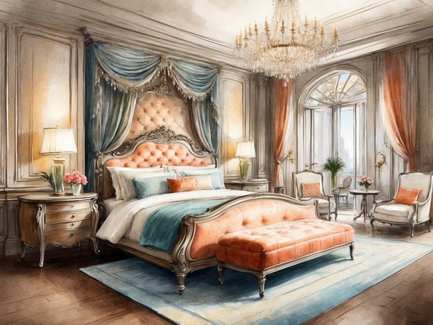 Auf dem Bild ist ein elegantes Schlafzimmer zu sehen, das mit verschiedenen Dienstleistungen und Annehmlichkeiten ausgestattet ist.
- **Bett**: Das große, gepolsterte Bett bietet einen hohen Komfort und eine luxuriöse Ausstrahlung.
- **Sitzgelegenheiten**: Es gibt zwei stilvolle Sessel und eine gepolsterte Bank, die zum Entspannen einladen.
- **Beleuchtung**: Eine elegante Stehlampe und ein prachtvoller Kronleuchter sorgen für eine angenehme Beleuchtung und schaffen eine gemütliche Atmosphäre.
- **Fenster**: Größere Fenster bieten viel Tageslicht und einen schönen Ausblick, während Vorhänge für Privatsphäre sorgen.
- **Dekor**: Die geschmackvolle Dekoration mit Blumen und warmen Farbtönen vermittelt ein einladendes Ambiente.
- **Boden**: Der Holzfußboden und der Teppich ergänzen den luxuriösen Charakter des Raumes.
Insgesamt strahlt der Raum Eleganz und Komfort aus, ideal für einen erholsamen Aufenthalt.