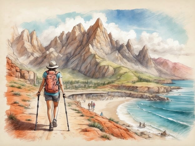 Auf dem Bild ist eine Wanderin zu sehen, die in einer malerischen Landschaft mit Bergen und einem Küstenbereich wandert. Die Szenerie zeigt eine Kombination aus felsigen Bergen, grünen Hügeln und einem schönen Strand mit Wellen.
In der Nähe könnten Freizeitaktivitäten wie Wandern auf den umliegenden Trails, Strandspaziergänge, Schwimmen im Meer und vielleicht sogar das Fotografieren beeindruckender Landschaften möglich sein. Außerdem könnten Picknicks oder Vogelbeobachtungen in dieser naturbelassenen Umgebung eine schöne Option sein.