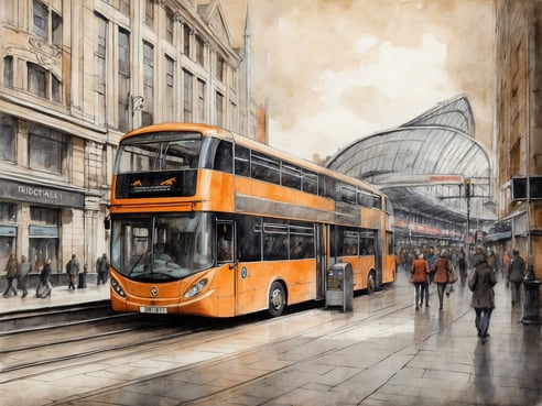 Ein orangefarbener Doppeldeckerbus steht auf einer belebten Straße vor einem großen Bahnhof mit einer künstlerisch gestalteten Fassade. Die Straße ist von verschiedenen Passanten belebt, die in unterschiedlichen Richtungen gehen. Die Architektur der umliegenden Gebäude ist historisch, und der Himmel ist leicht bewölkt, wodurch eine stimmungsvolle Atmosphäre entsteht. In der Nähe des Busses sind auch moderne Elemente wie Verkehrsschilder und Abfallbehälter sichtbar.