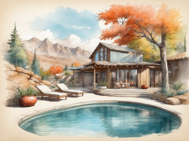 Auf dem Bild ist eine idyllische Outdoor-Szene mit einem einladenden Pool und einem modernen Holzhaus zu sehen. Die Umgebung ist von wunderschönen Herbstbäumen und majestätischen Bergen umgeben, was eine entspannende Atmosphäre schafft.
Zur Freizeitgestaltung bieten sich hier verschiedene Wellnessangebote an, wie beispielsweise entspannende Stunden am Pool, Sonnenbaden auf den Liegen und vielleicht eine kleine Meditation oder Yoga-Session in der ruhigen Natur. Diese Umgebung wäre ideal für einen Wellnessausflug, wo man sich erholen und die frische Luft genießen kann.