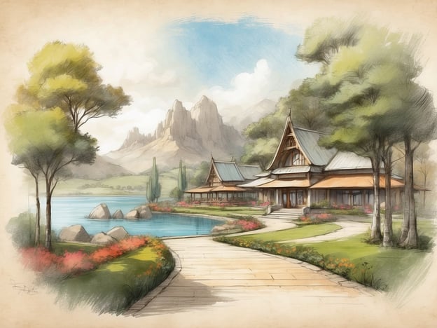 Auf dem Bild ist eine idyllische Landschaft mit einem ruhigen See, umgeben von Bäumen und Bergen. Im Vordergrund verläuft ein geschwungener Weg, der zu einem stilvollen, vielleicht asiatisch inspirierten Gebäude führt. Es gibt Blumenbeete und Felsen im Wasser, was der Szene eine friedliche Atmosphäre verleiht.
In Bezug auf das NH Hotels München Ost Conference Center liegt dieses Hotel in der Nähe des Stadtzentrums von München, bietet jedoch eine modernere urbane Umgebung. Es hat nicht die natürliche Landschaft wie im Bild, sondern eher städtische Annehmlichkeiten und Konferenzeinrichtungen.