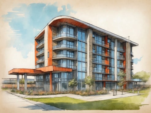 Das Bild zeigt eine künstlerische Illustration des Leonardo Hotels in Milton Keynes. Das moderne Gebäude hat mehrere Stockwerke mit großen Glasfenstern und einer Mischung aus roten und grauen Fassadenelementen. Im Vordergrund ist ein überdachter Eingangsbereich zu sehen, der von Säulen gestützt wird. Rund um das Gebäude sind gepflegte Grünflächen mit Sträuchern und kleinen Bäumen angelegt. Der Himmel im Hintergrund ist hell und leicht bewölkt.