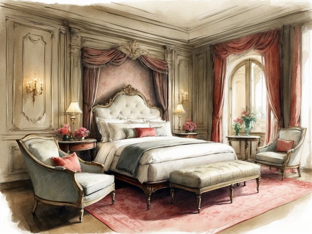 Auf dem Bild ist ein elegant gestaltetes Schlafzimmer zu sehen. Es zeichnet sich durch ein großes, opulentes Bett mit einer verzierenden Kopfteil aus, umgeben von stilvollen Möbeln, darunter bequeme Sessel und ein Fußschemel. Die Wände sind reich verziert, und große Fenster lassen viel Licht herein, was dem Raum eine freundliche und einladende Atmosphäre verleiht.
In Bezug auf NH Hotels kann man sagen, dass sie eine Vielzahl von Unterkünften anbieten, die sowohl modernen als auch eleganten Stil kombinieren. Die Hotels legen Wert auf Komfort und eine ansprechende Gestaltung, ähnlich wie in dem dargestellten Zimmer. NH Hotels sind bekannt für ihre strategischen Standorte in Städten und ihre Annehmlichkeiten, die den Gästen einen angenehmen Aufenthalt ermöglichen.