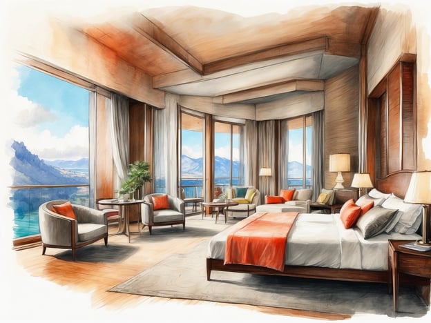 Auf dem Bild ist ein elegantes Zimmer zu sehen, das eine wunderschöne Aussicht auf die Berge und das Wasser bietet. Es beinhaltet folgende Elemente:
- **Betten**: Das Zimmer verfügt über ein großes Doppelbett mit bequemen Kissen und dekorativen Decken.
- **Sitzbereiche**: Es gibt mehrere gemütliche Sessel und Tische, die zum Entspannen einladen.
- **Fenster**: Große Fenster lassen viel Tageslicht herein und bieten einen herrlichen Blick auf die Landschaft.
- **Dekoration**: Helle Farben und stilvolle Möbel sorgen für eine ansprechende Atmosphäre.
- **Pflanzen**: Eine grüne Pflanze bringt frische Elemente in den Raum.
Insgesamt vermittelt der Raum ein Gefühl von Luxus und Komfort.