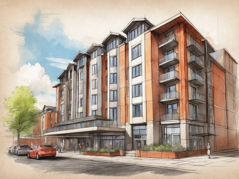 Das Bild zeigt eine künstlerische Darstellung des Leonardo Hotels in Nottingham. Der architektonische Entwurf umfasst ein mehrstöckiges Gebäude mit modernen Zügen. Die Fassade ist in warmen Farbtönen gestaltet, wobei rot-brickene und helle Elemente harmonisch kombiniert sind. Vor dem Haupteingang erstreckt sich ein überdachter Bereich, und zahlreiche Fenster sorgen für Licht und Transparenz. Auf der Straße sind einige Autos parkend zu sehen, und es gibt auch Menschen, die am Gebäude vorbeigehen. Im Vordergrund sind gepflanzte Blumenarrangements zu erkennen, die dem Bild eine einladende Atmosphäre verleihen. Der Himmel zeigt sich in einem klaren Blau mit vereinzelten Wolken.
