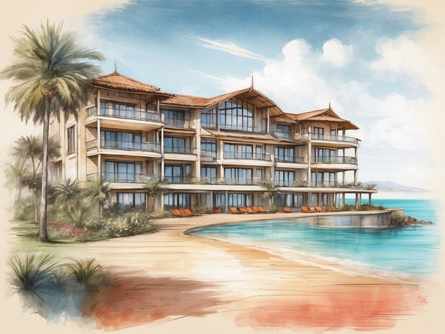 Auf dem Bild ist eine künstlerische Darstellung eines modernen Hotels am Meer zu sehen. Es hat mehrere Etagen und großzügige Fenster, die einen Blick auf das Wasser ermöglichen. Der Strand ist direkt vor dem Hotel, und es sind Liegen sowie Palmen und Pflanzen in der Umgebung sichtbar.
In Bezug auf die Geschichte des NH Hotels Noordwijk Conference Centre Leeuwe könnte man erwähnen, dass es ein bekanntes Tagungs- und Eventzentrum ist, das für seine hervorragenden Einrichtungen und den schönen Blick auf die Küste geschätzt wird. Solche Hotels kombinieren oft zeitgenössische Architektur mit einem angenehmen Ambiente, was sowohl für Geschäftsreisende als auch für Urlaubsreisende attraktiv ist.