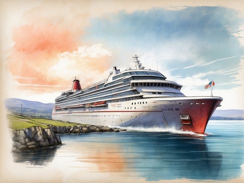 Ein großes Kreuzfahrtschiff fährt über ruhiges Wasser, während im Hintergrund eine sanfte Küstenlandschaft mit grünen Wiesen und sanften Hügeln zu sehen ist. Der Himmel ist teilweise bewölkt, mit warmen Farbnuancen von Orange und Blau, die eine entspannte Atmosphäre schaffen. Das Schiff ist farbenfroh gestaltet, mit einer markanten roten Bugspitze und verschiedenen Decks, die eine moderne Architektur zeigen.