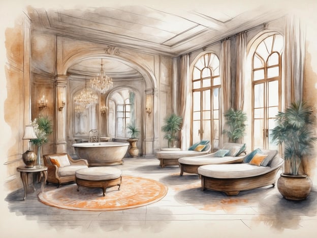 Auf dem Bild ist ein eleganter Raum zu sehen, der an einen luxuriösen Spa oder Wellnessbereich erinnert. Die Architektur ist opulent, mit hohen Decken und großen Fenstern, die viel Licht hereinlassen.
Einige einzigartige Annehmlichkeiten und Serviceangebote könnten Folgendes umfassen:
1. **Entspannungszonen**: Bequeme Liegen laden Gäste ein, sich zu entspannen und die Ruhe zu genießen.
2. **Exklusive Badewanne**: Eine großzügige Badewanne für luxuriöse Wohlfühlbäder.
3. **Hochwertige Beleuchtung**: Kristallleuchter und stilvolle Wandlampen schaffen eine entspannende Atmosphäre.
4. **Grüne Pflanzen**: Die Integration von Pflanzen bringt ein Gefühl von Natur und Frische in den Raum.
5. **Individuelle Wellness-Behandlungen**: Personalisierte Spa-Behandlungen für eine umfassende Entspannung.
Insgesamt vermittelt der Raum ein Gefühl von Luxus und Erholung.