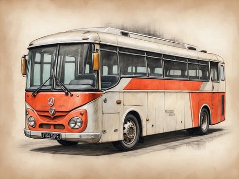 Ein klassischer Reisebus in einem retro Design, der in den Farben Weiß und Rot lackiert ist. Der Bus hat große Fenster, eine markante Frontpartie mit runden Scheinwerfern und eine glatte Karosserie. Die Räder sind silbern und der Bus steht auf einem neutralen, leicht texturierten Hintergrund, der die nostalgische Ausstrahlung des Fahrzeugs unterstreicht.