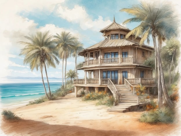 Auf dem Bild ist ein malerisches Strandhaus zu sehen, umgeben von Palmen und mit Blick auf das Meer. Der Strand ist sandig und die Umgebung wirkt tropisch und einladend.
Für einen gelungenen Aufenthalt an einem solchen Ort hier einige Tipps:
1. **Entspannung einplanen**: Nehmen Sie sich Zeit, um am Strand zu relaxen und die Natur zu genießen. Ein gutes Buch oder einfach nur Musik kann helfen, vollständig abzuschalten.
2. **Aktivitäten**: Nutzen Sie die Gelegenheit für Wassersportarten wie Schwimmen, Schnorcheln oder Kajakfahren. Viele Strände bieten auch Möglichkeiten zum Surfen oder Stand-Up-Paddling.
3. **Kulinarische Entdeckungen**: Probieren Sie lokale Spezialitäten in der Nähe. Oft gibt es kleine Strandrestaurants, die frische Meeresfrüchte und andere Leckereien anbieten.
4. **Sonnenuntergang genießen**: Der Blick auf den Sonnenuntergang über dem Meer ist oft atemberaubend. Planen Sie einen Abend, um diesen Moment nicht zu verpassen.
5. **Natur erkunden**: Machen Sie Spaziergänge im Umland oder erkunden Sie nahegelegene Naturgebiete. Oft kann man dabei viele schöne Pflanze und Tiere entdecken.
6. **Sich entspannen**: Vergessen Sie nicht, auch mal nichts zu tun. Ein bisschen Zeit für sich selbst kann Wunder wirken.
Viel Spaß bei Ihrem Aufenthalt!