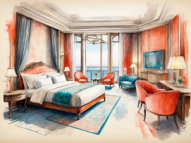 Auf dem Bild ist ein stilvolles Hotelzimmer zu sehen, das elegant eingerichtet ist. Die Kombination aus kräftigen Farben und sanften Tönen spiegelt den Komfort und die Gastfreundschaft wider, die man in NH Hotels erwarten kann.
Die NH Hotelgruppe wurde 1978 gegründet und hat sich seitdem als eine der führenden Hotelmarken in Europa etabliert. Die Zimmer in NH Hotels sind oft modern und funktional gestaltet, um einen angenehmen Aufenthalt zu gewährleisten. Die Verwendung von hochwertigen Materialien und durchdachtem Design zeigt die Qualität, für die NH Hotels bekannt sind. In diesem Bild erkennt man Aspekte, die sich gut in das Gesamtkonzept von NH Hotels einfügen – eine harmonische Balance von Stil und Bequemlichkeit, die den Gästen eine entspannte Atmosphäre bietet.