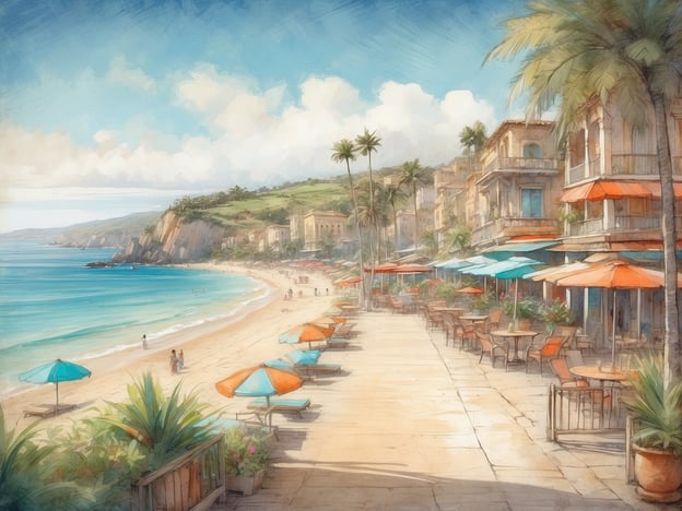 Auf dem Bild ist eine malerische Küstenansicht zu sehen. Im Vordergrund führt eine breite Promenade entlang des Strandes, die mit Liegen und Sonnenschirmen in verschiedenen Farben (orange und blau) ausgestattet ist. Es sind auch einige Pflanzen und Bäume sichtbar, die zur tropischen Atmosphäre beitragen.
Der Strand ist leicht gewellt und das Wasser zeigt eine schöne, türkisfarbene Farbe, die sanft an die Küste schlägt. Im Hintergrund erstrecken sich sanfte Hügel, die mit grüner Vegetation bewachsen sind, und in der Ferne sind einige felsige Abschnitte sichtbar. An der Promenade stehen mehrere Gebäude, die eine entspannte, mediterrane Architektur aufweisen und teilweise mit Terrassen ausgestattet sind, die zum Verweilen einladen. Es befinden sich auch Menschen am Strand und auf der Promenade, was eine lebendige, einladende Stimmung vermittelt.
