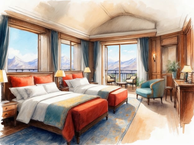Auf dem Bild ist ein elegantes Hotelzimmer zu sehen. Es gibt zwei große Betten mit roten Kopfenden und weißen Bettdecken. Der Raum ist hell und freundlich, mit großen Fenstern, die einen schönen Ausblick auf die Berge bieten. Die Fenster sind mit blauen Vorhängen dekoriert.
Im Zimmer befinden sich außerdem zwei Nachttische mit Lampen und ein Sessel in einer auffälligen blauen Farbe. An einer Wand steht ein Holzschrank oder ein Konsolentisch, auf dem sich eine Pflanze und möglicherweise Dekorationsgegenstände befinden. Der Boden ist aus hellem Holz und es liegt ein gemusterter Teppich, der dem Raum zusätzliche Gemütlichkeit verleiht.