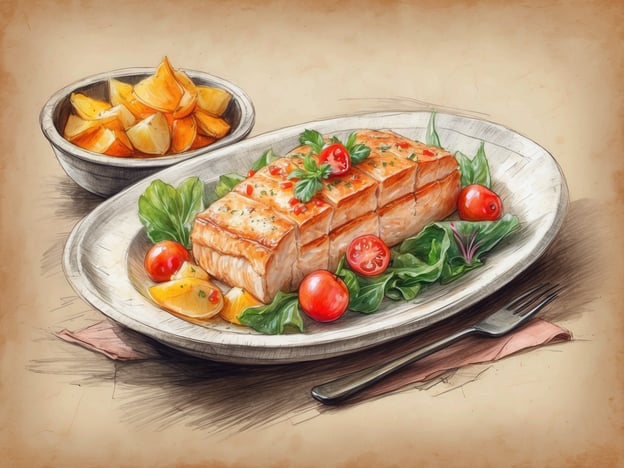 Auf dem Bild ist ein schönes Gericht zu sehen, das aus gebratenem oder gegrilltem Lachs besteht, der auf einem Bett aus frischen Salatblättern serviert wird. Dazu sind einige Kirschtomaten und Zitronenstücke dekorativ angerichtet. Neben dem Hauptgericht befindet sich eine Schale mit weiteren Zitronenstücken.
Dieses Gericht könnte ein typisches Beispiel für die lokale Küche in Küstenregionen sein, wo frischer Fisch weit verbreitet ist. Die Kombination aus Lachs und frischen Zutaten spiegelt die mediterrane Gastronomie wider, die Wert auf gesunde und schmackhafte Speisen legt. Zudem bietet die Beilage aus Zitrusfrüchten einen erfrischenden Kontrast zur Reichhaltigkeit des Fisches.