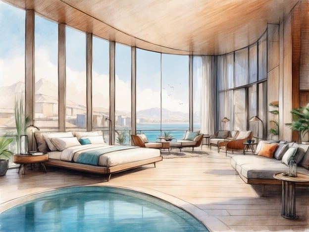 Auf dem Bild ist eine stilisierte Darstellung eines modernen, eleganten Zimmers zu sehen. Der Raum hat große Fenster, die einen weiten Blick auf eine landschaftliche Kulisse, möglicherweise mit Wasser und Bergen, ermöglichen. Es gibt ein großes Bett mit einer gemütlichen Bettwäsche, eine Lounge-Ecke mit Möbeln und Pflanzen sowie einen kleinen Poolbereich.
Im Vergleich zu NH Hotels Amsterdam RAI bietet dieses Bild eine Vorstellung von zeitgemäßem Design und Komfort, wie man es in gehobenen Hotels erwarten würde. NH Hotels Amsterdam RAI ist bekannt für seine modernen Annehmlichkeiten, stilvolle Zimmer und Nähe zu Messe- und Veranstaltungsorten.